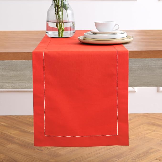 Solino Home Cotton Linen Table Runner 48 Inches - Poppy Red Hemstitch Table Runner 14 x 48 Inch Ideal for Dresser and Coffee Tables - Halloween