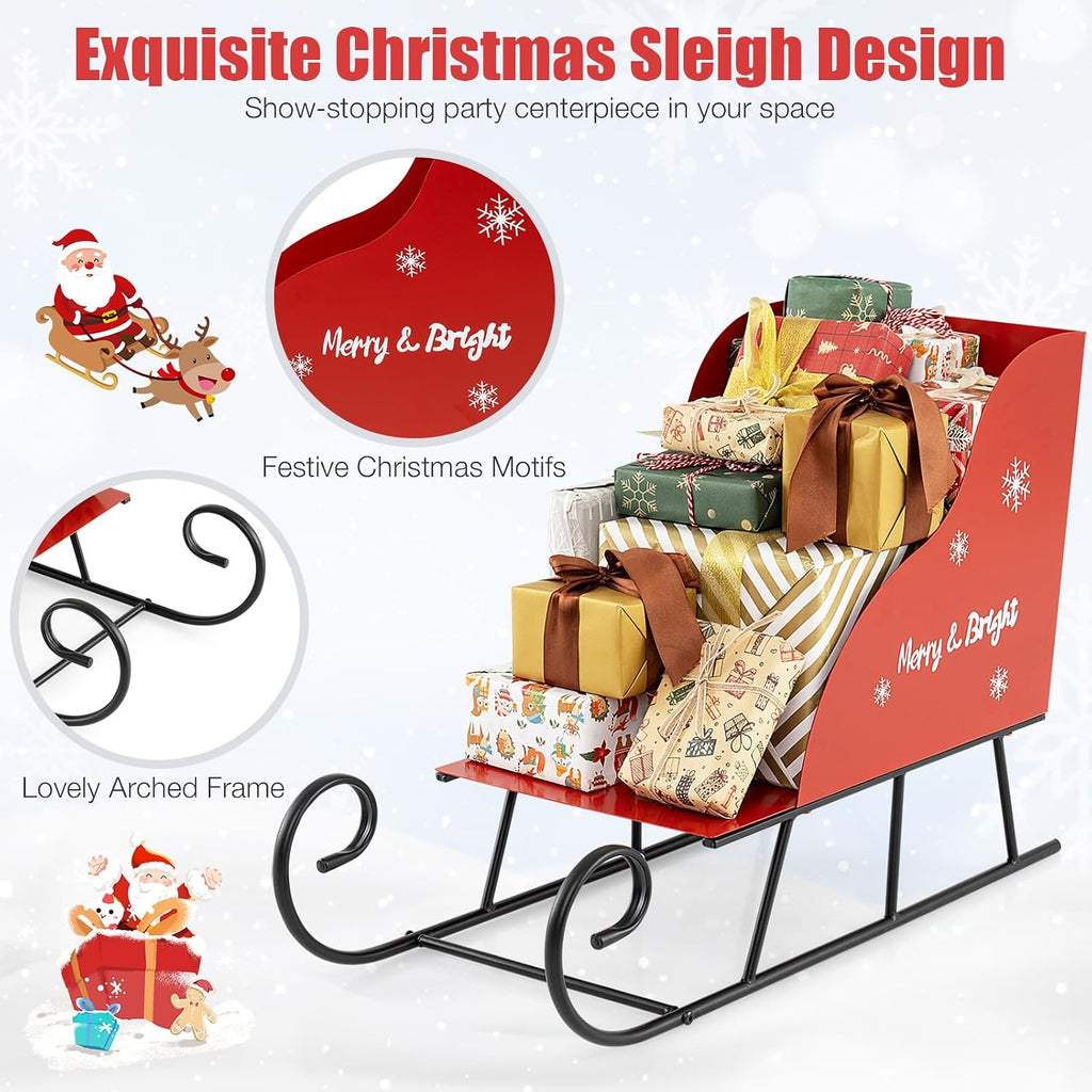 Metal Christmas Santa Sleigh Basket, Red Christmas Sleigh Decoration for Gift Storage, Santa’s Gift Sleigh for Holiday Displays, Festive Decorative Sleigh Cart for Indoor Outdoor Home Party