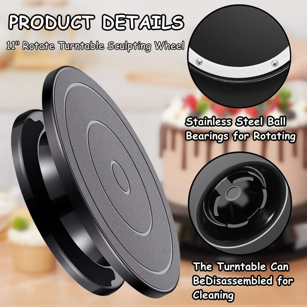 11 Inch Rotate Turntable Sculpting Wheel Revolving, 35PCs Cake Turntable Painting Turn Table Lightweight Stand with Icing Tips& Bags-Straight&Offset Spatula for Paint Spraying Spinner, Cake Decorating