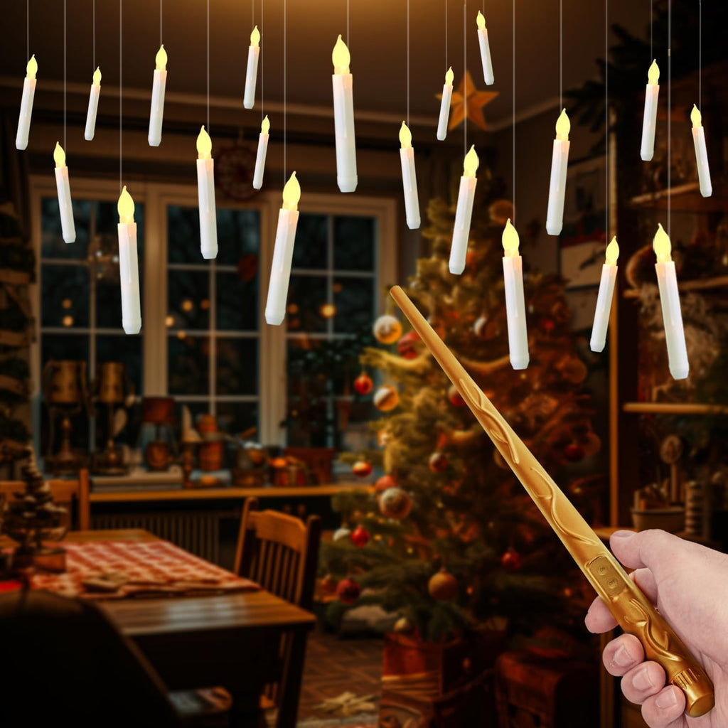 Raycare 20 Pcs Floating Candles with Wand, Magic Hanging Candles Flameless, Flickering LED Taper Candle with Wand Remote, Warm Light, Battery Operated Window Candle for Halloween Witch Wizzard Decors