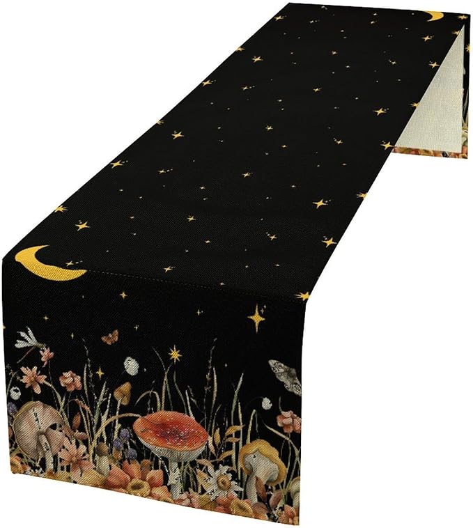 Mushroom Kitchen Table Runner, Gothic Moon Star Plants Witchy Moonlit Flower Butterfly Table Runner for Kitchen Party Living Room Drapes, 13x60 Inch Black