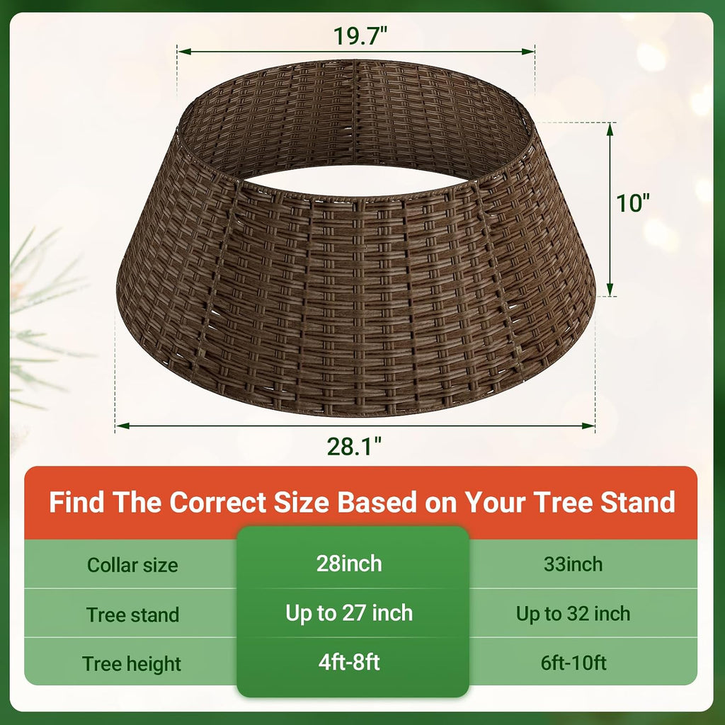 ELYKEN Wicker Christmas Tree Collar for 7.5 ft Trees, 28 Inch Woven Xmas Tree Skirt, Stylish Rustic Farmhouse Basket for Tree Base Cover with Cord Cut-Out for Pencil Tree, Brown