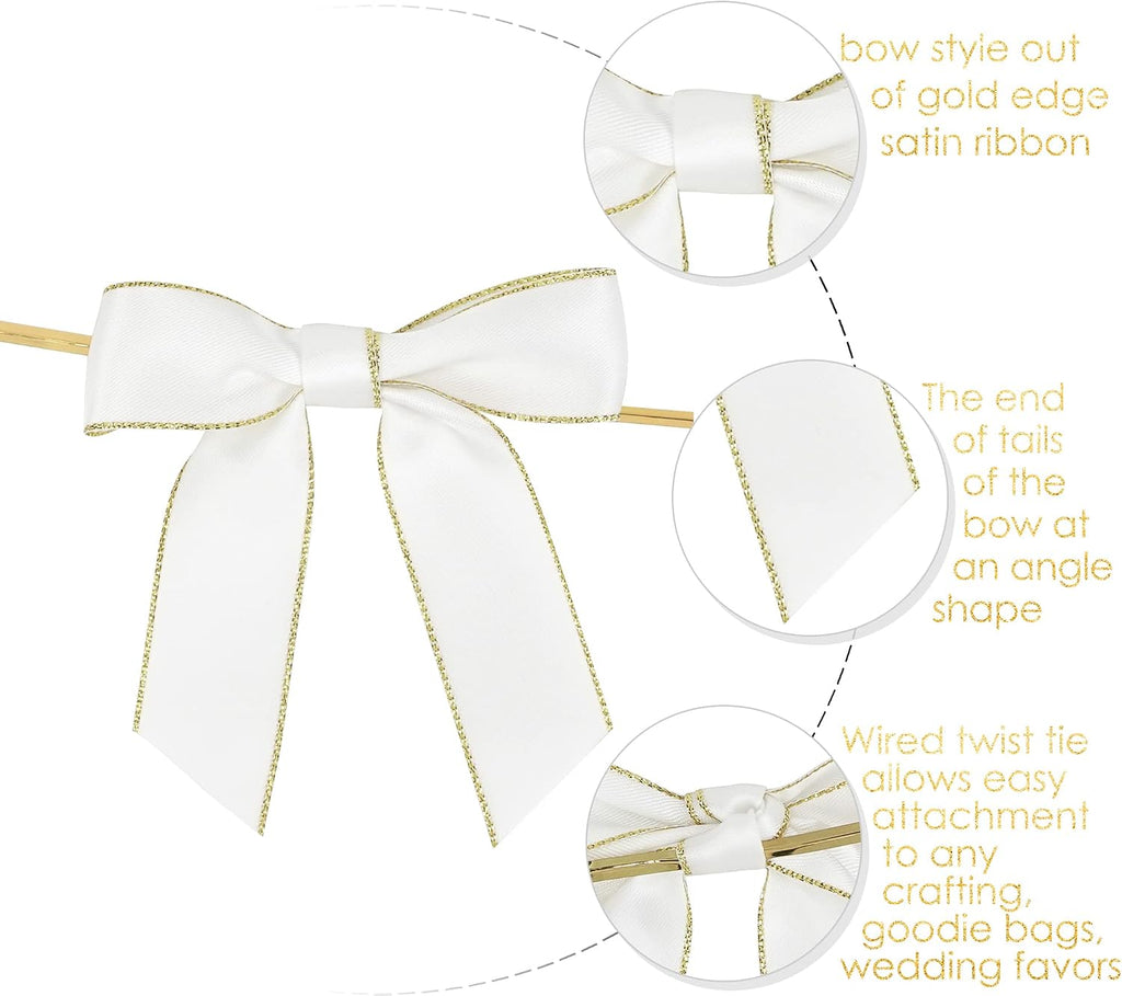 AIMUDI White Bows 3.5" Satin Twist Tie Bows Premade Ribbon Bows with Gold Edge Pretied Bows for Treat Bags, Cake Pop, Crafts, Wedding Favors, Gift Wrapping, Baby Shower, Apple Candy- 50 Counts