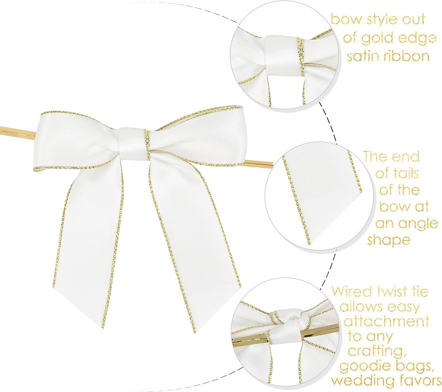 AIMUDI White Bows 3.5" Satin Twist Tie Bows Premade Ribbon Bows with Gold Edge Pretied Bows for Treat Bags, Cake Pop, Crafts, Wedding Favors, Gift Wrapping, Baby Shower, Apple Candy- 50 Counts