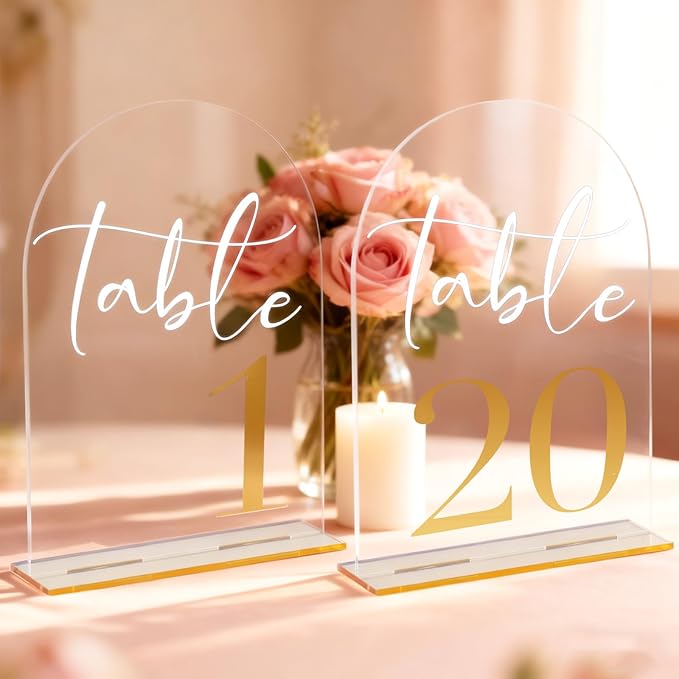 Wedding Table Numbers 1-20 with Stands, 5” x 7” Elegant Acrylic Display Signs with Golden Text, Great Table Numbers for Wedding Reception, Decoration, Centerpiece, Party, Anniversary and Event
