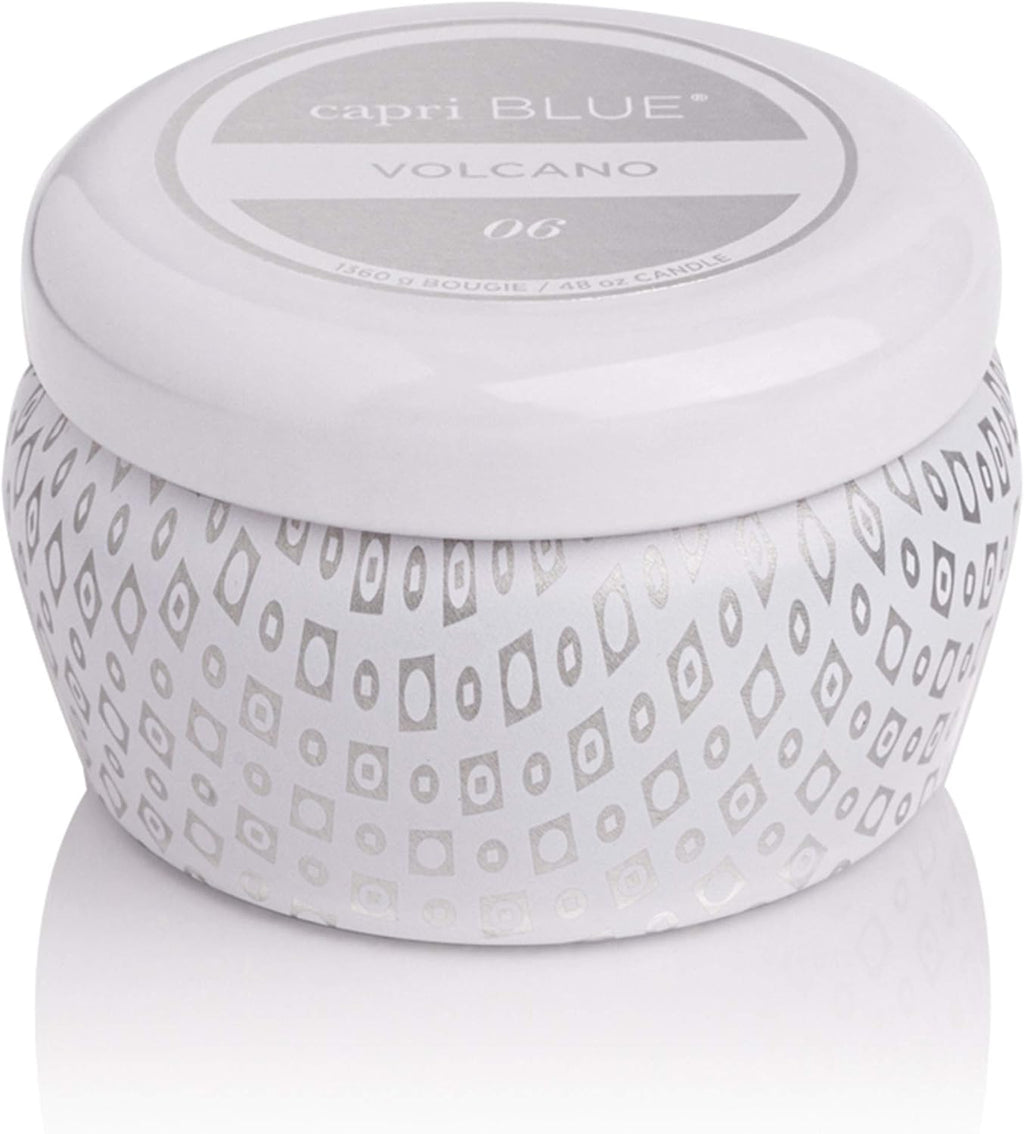 Capri Blue Volcano Scented Mini Tin Jar Candle | White, 3 oz | Printed Mini Tin Candles for Home Scented with Tropical Fruit & Sugared Citrus - Long Lasting Soy Wax Blend