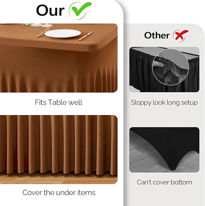 Wish Care 6 Pack Brown Spandex Table Clothes for 8 Foot Rectangle Tables, 8FT Wrinkle Free Fitted Tablecloths Ruffles Design Table Cover for Party, Banquet, Wedding and Events