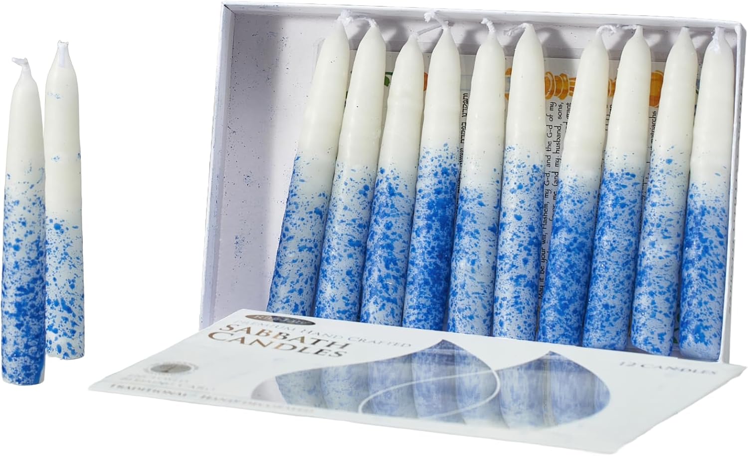 Rite Lite Blue & White Shabbat Candles Premium 12 Pack Traditional Dinner Table Jewish Household Shabbos Candles Religious Home Decor with Beautiful Gift Box & Artistic Card