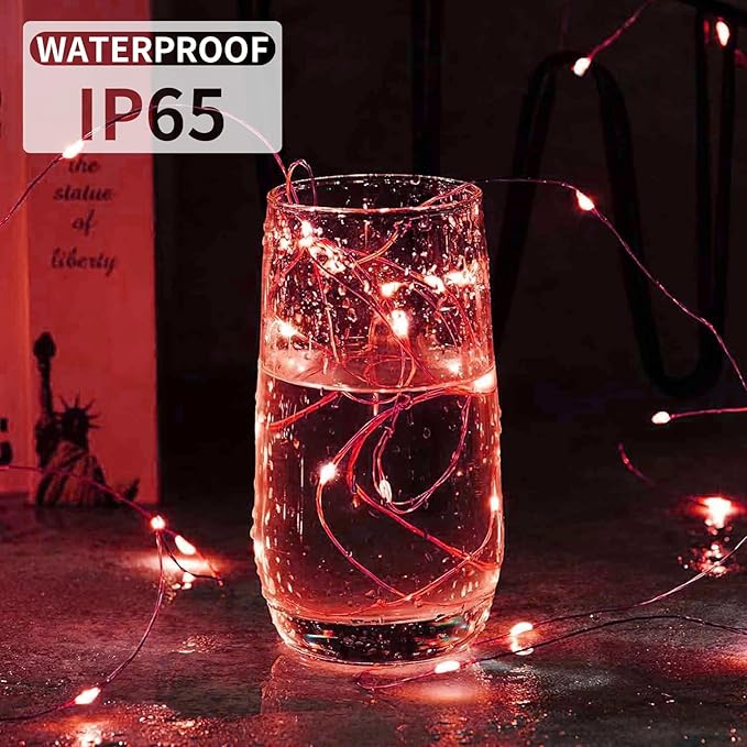 Aogist 50 Pack Fairy Lights 3 Modes 7ft 20 LED Waterproof,Battery Operated Silver Wire Firefly Starry Moon Mini String Lights for Mason Jars Christmas DIY Crafts Wedding Party Bedroom,Red