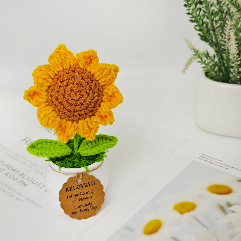 Crochet Flowers Gift Crochet Sunflower Emotional Support Plush Plant Cute Desk Decor Car Dashboard Home Office Decor Mothers Day Valentines Day Birthday Gifts (Orange)
