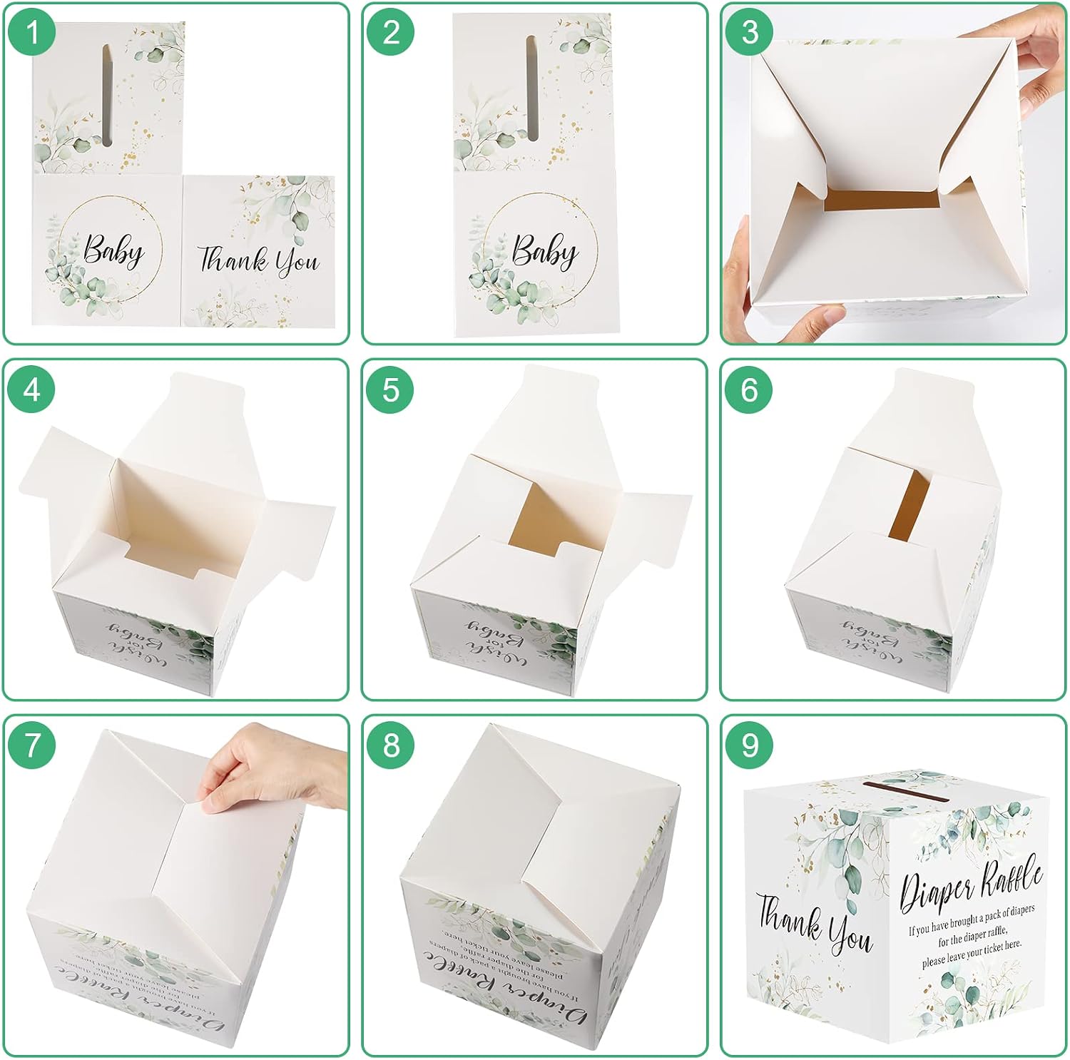 Pajean Greenery Diaper Raffle Box for Baby Shower Party with 50 Pcs Tickets | Baby Shower Games And Diaper Party Supplies For Gender Neutral Greenery Decorations, Gift Table And Raffle Activity