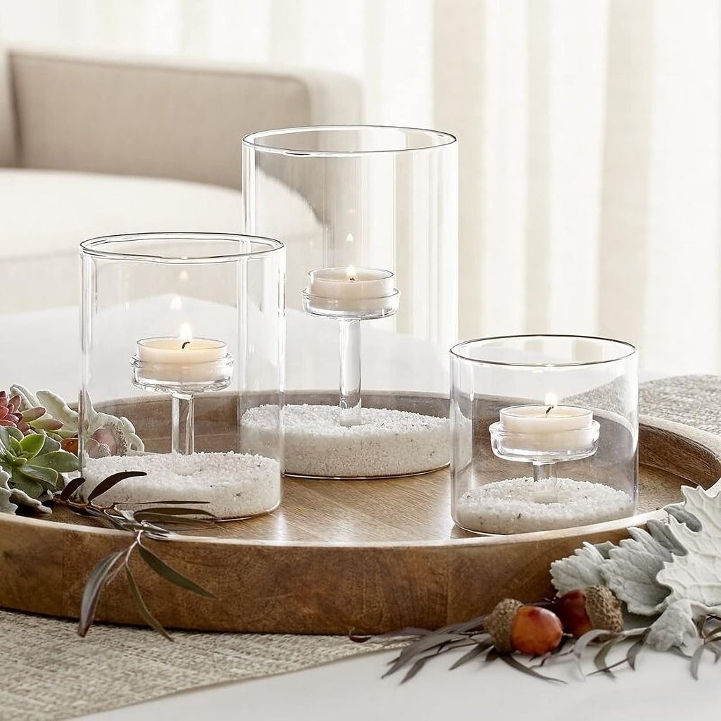 Glass Hurricane Candle Holder, 3pcs Clear Cylinder Candle Holders Bulk for Pillar Candles, Open Ended Glass Candle Pedestal for Wedding Centerpieces Tables, Party, Event(No.01)