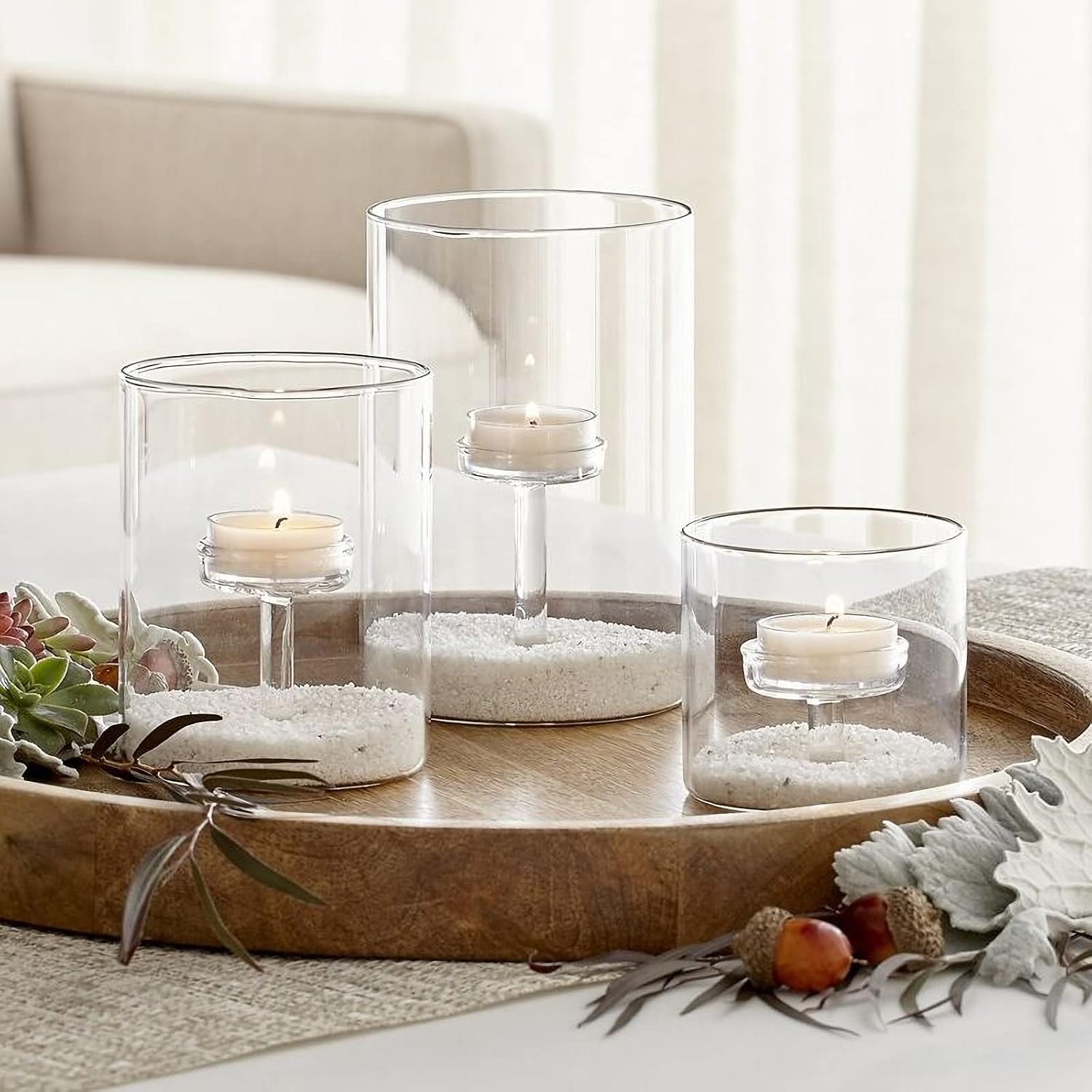 Glass Hurricane Candle Holder, 3pcs Clear Cylinder Candle Holders Bulk for Pillar Candles, Open Ended Glass Candle Pedestal for Wedding Centerpieces Tables, Party, Event(No.01)