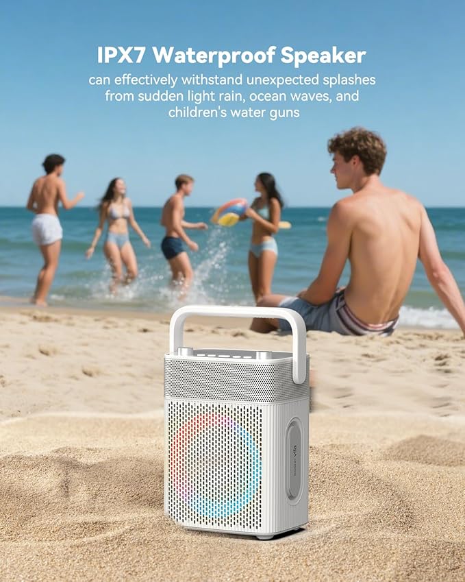 Karaoke Machine with 2 UHF Wireless Microphones with Leather Bag, IPX4 Waterproof Portable Bluetooth Speaker with Lights for Adults, Outdoor Karaoke Speaker Support Bluetooth/AUX/USB/PC (White)
