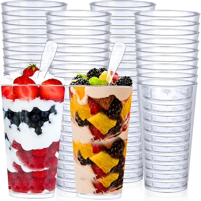 CHENGU 3 Oz Dessert Cups with Spoons Mini Shooter Cups Small Round Tableware for Parfait Appetizer Pudding Tasting for Event Festival Birthday Party Supplies(150 Pieces)