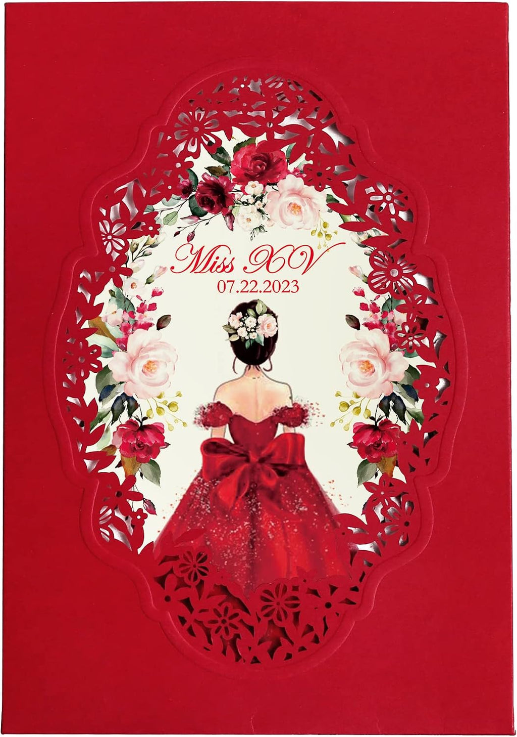 DORIS HOME 50Pcs Personalized Laser Cut Wedding Invitations, Red | 5"x7.3", Customized Quince Invitations, For 15th Birthday, Sweet 16, With Envelopes