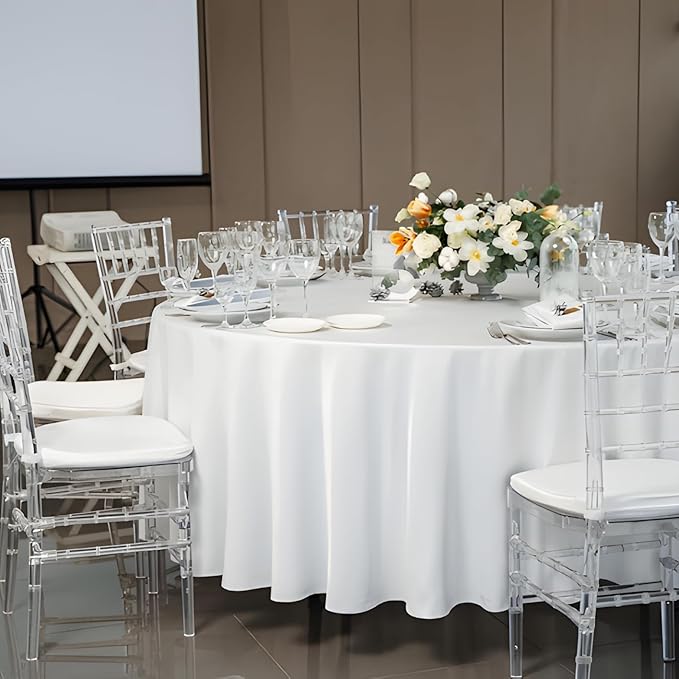 8 Pack White Round Tablecloth 120 Inch White Table Cloth Stain and Wrinkle Resistant Round White Tablecloths Reusable and Washable Polyester Fabric Table Covers for Buffet Wedding Party and Banquet