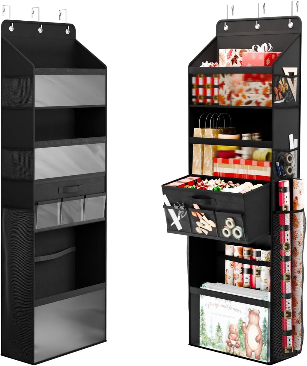 Over Door Wrapping Paper Organizer Storage with Removable Drawer & Side Pockets, Multi-Purpose Over the Door Gift Wrapping Organizer for Gift Bags, Paper, Ribbons, Bows, Ornament and Other Tools