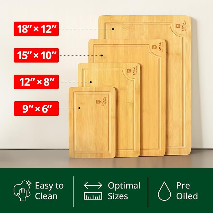 ROYAL CRAFT WOOD Wooden Cutting Boards for Kitchen Meal Prep & Serving - Bamboo Wood Serving Board Set with Deep Juice Groove Side Handles - Charcuterie & Chopping Butcher Block for Meat