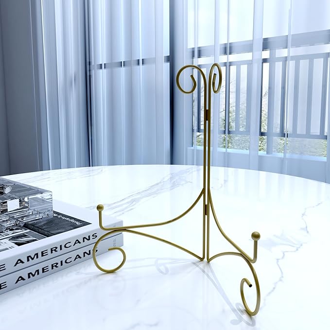 Plate Stand for Display with Hinged Folding Design, 6 Inch Picture Stands for Tables, Small Easels for Displaying Book, Art Piece, Photo and Platter, 6’’ Gold