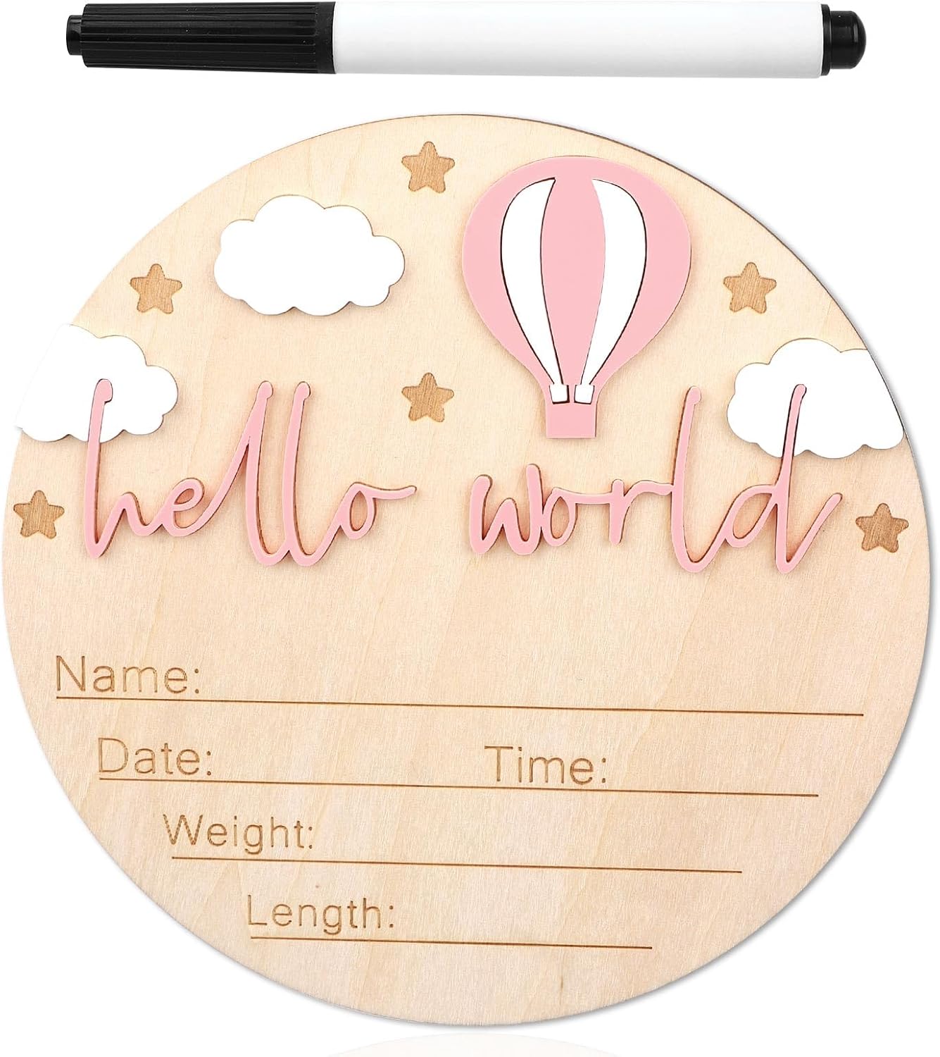 Wooden Baby Announcement Sign, Hello World Birth Boys and Girls Newborn Sign Welcome Baby Name Plaque for Photo Prop Home Hospital Nursery Newborn Gift (Pink)