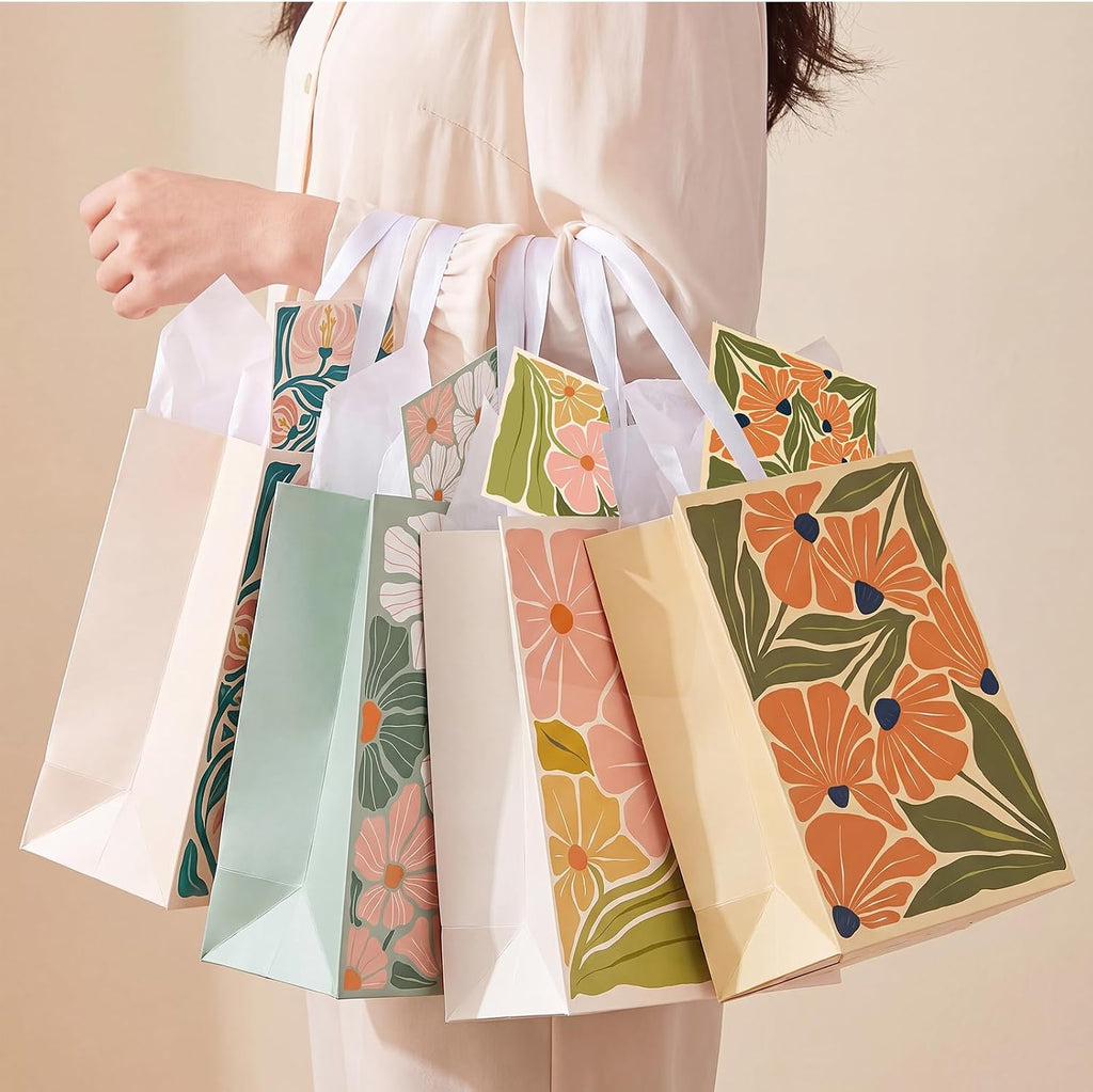 woric 10.6" Matisse Flowers Gift Bags, 4 Medium Floral Gift Bags for Women | 4 Floral Styles, Tissue Paper & Cards, Used for Wedding Bridal Showers, Baby Shower, Women Birthday, 10.6" X 7.8" X 4.7"