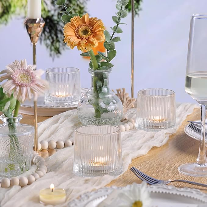 DARJEN Clear Ribbed Tealight Votive Candle Holders Set of 10- Tea Light Candle Holder Glass for Table Centerpiece, Engagement Parties, Birthday Parties & Wedding Shower