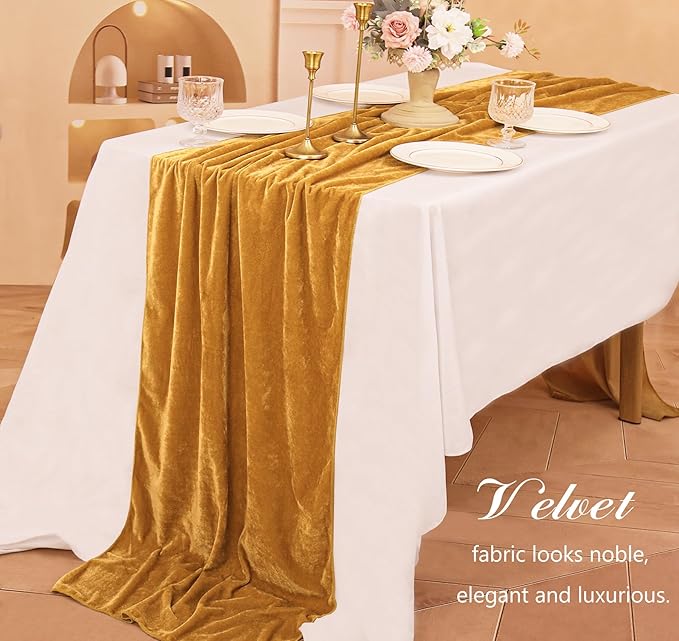 Velvet Table Runner 20 x 120 Inches 10ft Luxurious Thick Soft Velvet Christmas Thanksgiving Wedding Reception Table Runner for Party Reception Decorations(Gold, 6 Pack)