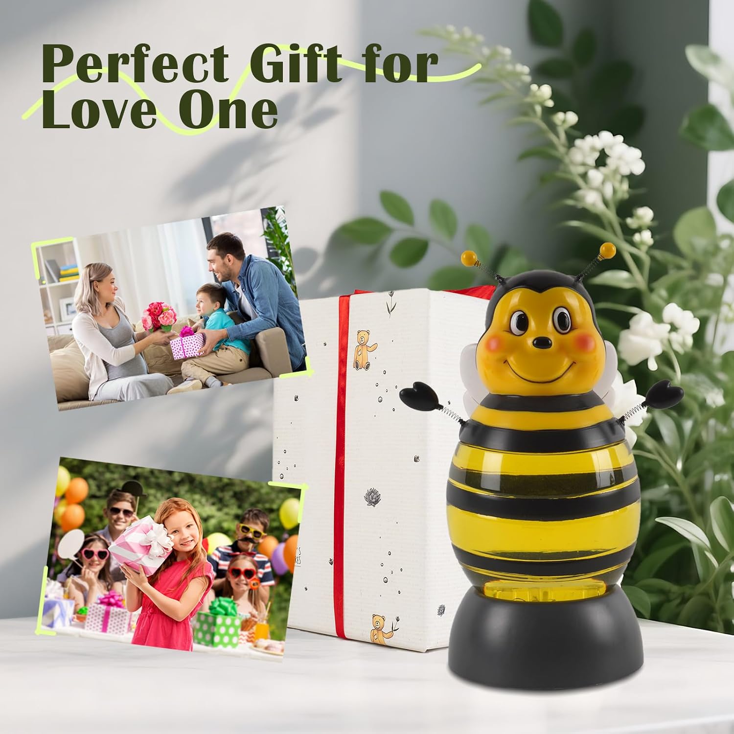 Summer Bee Snow Globe Decor with 6H Timer, Swirling Glitter Bee Snowglobe Spring and Summer Figurine Decorations, USB/Battery Operated, for World Bee Day Spring Holiday Home Decor and Gift