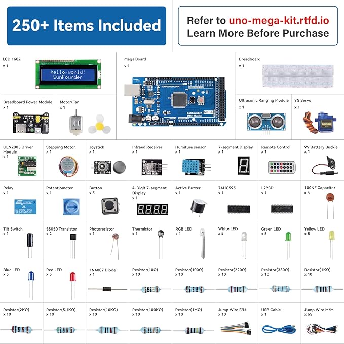 SunFounder The Most Complete Starter Project Kit Compatible with Arduino IDE Mega 2560 R3 Mega328 Nano Mega2560, Scratch Coding, Included 42 Online Tutorials