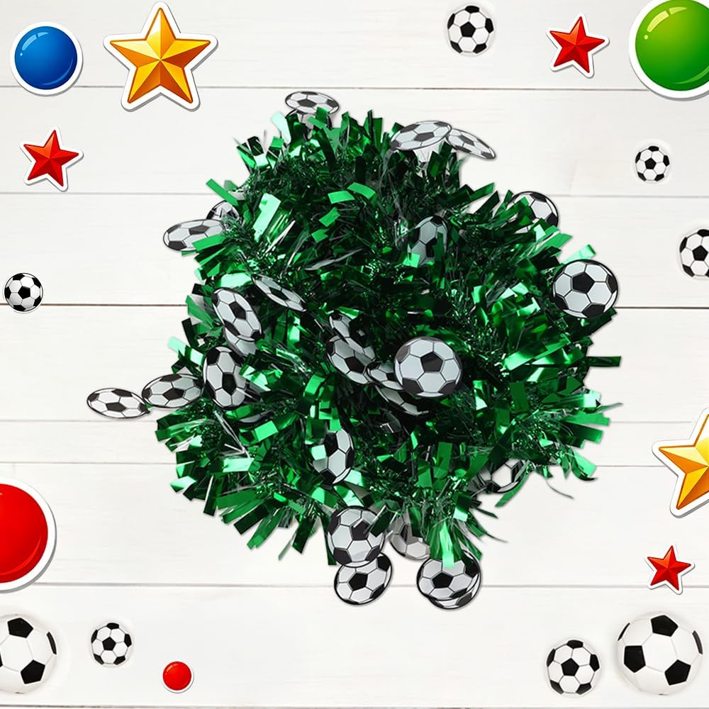 Soccer Tinsel Garland, Soccer Party Decorations, 5 Pack 33FT Football Tinsel Garland, Green Glitter Metallic Tinsel Twist Garlands for Indoor Outdoor Sports Game Day Home Birthday Party Decoration