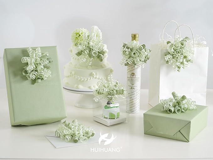 HUIHUANG Green Bows for Gift Wrapping Sage Green Gift Bows 5 inch x 8 Counts Self-Adhesive Curly Ribbon Bow for Presents, Paper Bag, Baby Shower Favors, Wrapping Accessories, Wedding Decor