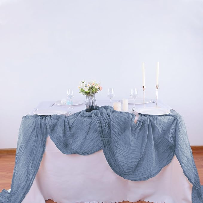 4 Pack Dusty Blue Cheesecloth Table Runner 35x120 Inch Boho Gauze Fabric Cheese Cloth Table Runner 10Ft Rustic Romantic Sheer Table Runners for Wedding Party Bridal Baby Shower Long Table Decoration