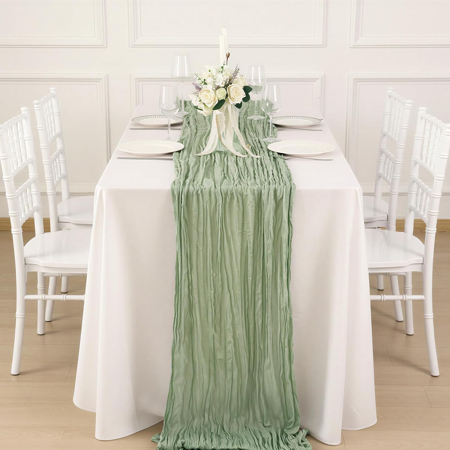 3 Pack Sage Green Cheesecloth Table Runner 120 Inch 10FT Cheese Cloth Runners for Baby Shower, Boho Decor, Wedding Decoration, Jungle Theme Party