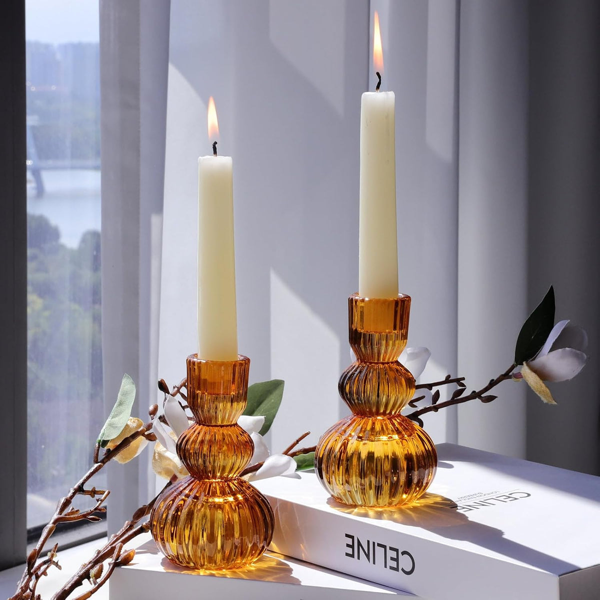 Woho Amber Candlestick Holders Set of 6 4.3" H for Thanksgiving/Fall Decor