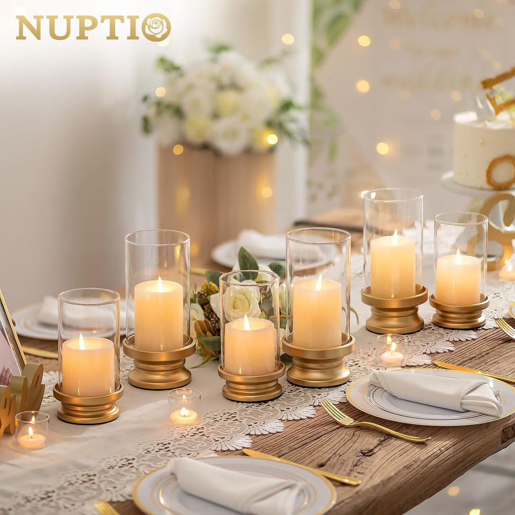 NUPTIO Hurricane Candle Holder Gold: Pillar Candle Holders with Clear Glass Sleeve - Set of 2 Decorative Brass Metal Pillars Stand for Dining Table Centerpiece Shelf Fireplace Mantel Decor