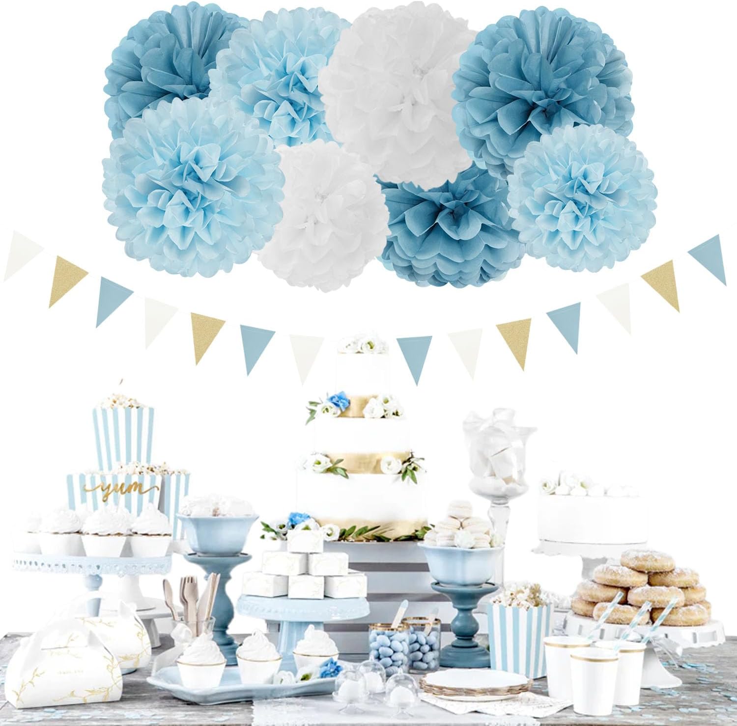 Dusty-Blue White Party-Decorations Paper-Flowers Lanterns - 15pcs Birthday Baby Bridal Shower Tissue Pom Poms Streamers Honeycomb, Boy Men Wedding Bachelorette Hanging Supplies Decor Hugfond