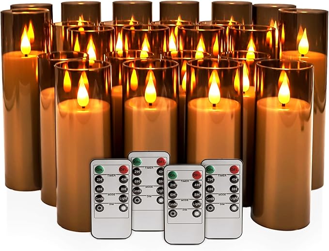 24-Pack Grey LED Flameless Pillar Candles with Remote Control - Perfect for Home, Parties, and Special Festivals Decorations - Indoor/Outdoor