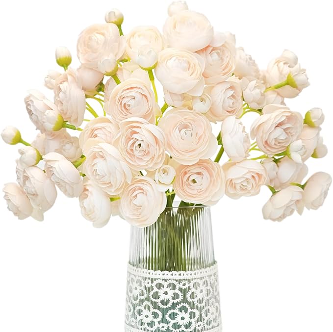Letjolt Ranunculus Artificial Flower Light Champagne Silk Flowers Faux DIY Bouquet for Wedding Engagement Centerpieces Arrangements Bridal Shower Decorations Home Decor 18pcs