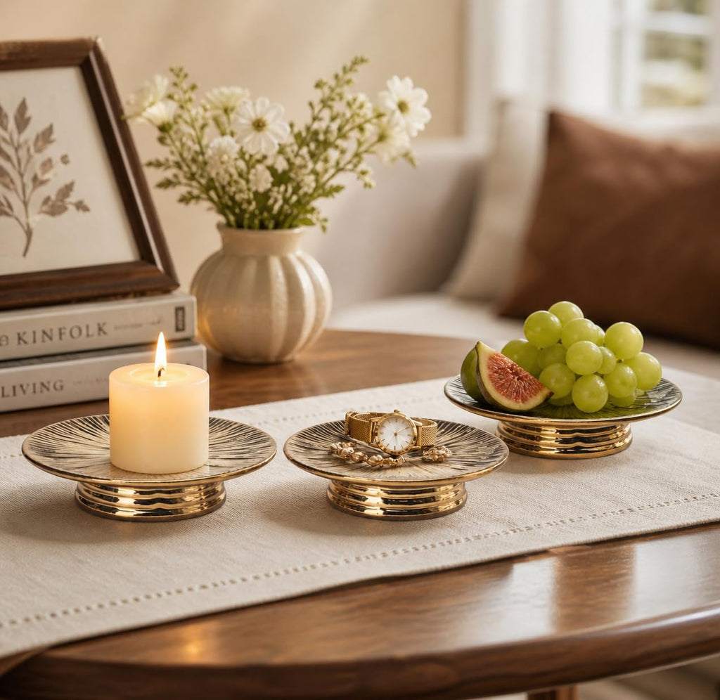 Ceramic Bronze Candle Plate Set, 3-Piece – Decorative Candle Holder Tray for Pillar Candles, Jewelry, Trinkets or Bathroom Counter – Antique Bronze Finish for Tabletop & Home Décor