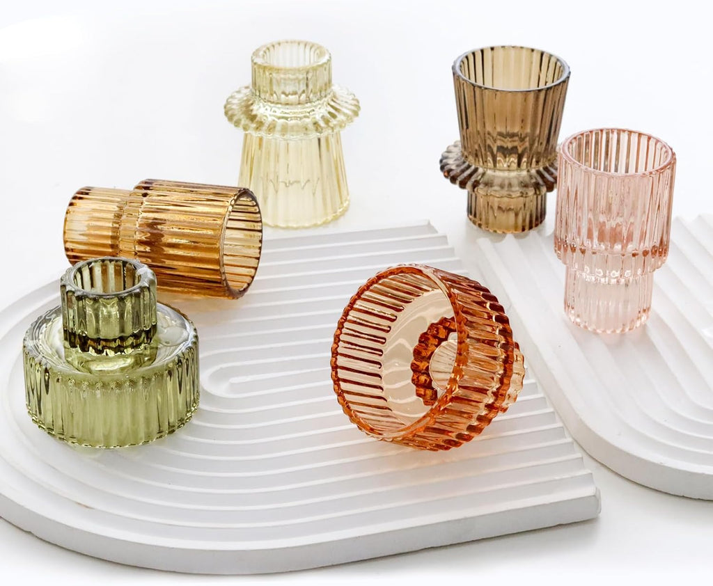 Brown Candlestick Holders 6PCS for Tealight Candle Stick Candles, Ribbed Glass Taper Candle Holders Set, Table Centerpieces for Thanksgiving Christmas Farmhouse Decor Indoor and Outdoor