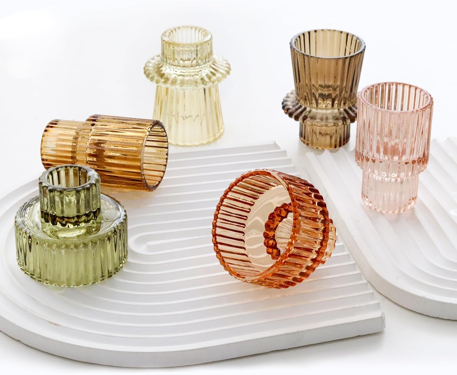 Brown Candlestick Holders 6PCS for Tealight Candle Stick Candles, Ribbed Glass Taper Candle Holders Set, Table Centerpieces for Thanksgiving Christmas Farmhouse Decor Indoor and Outdoor