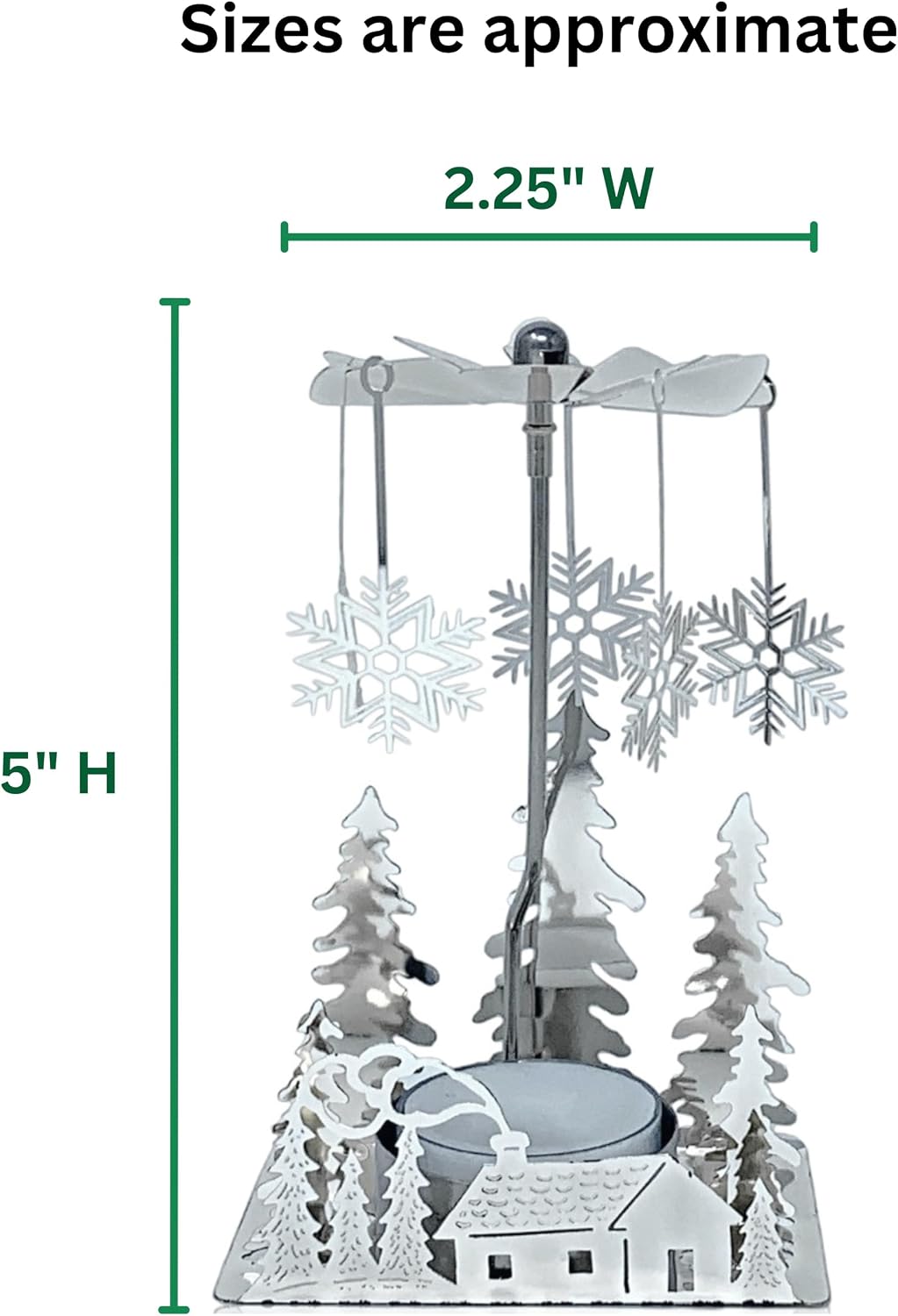 Winter Cabin Holiday Silver Candle Spinners Set of 2 – Silver Plated Laser Cut Christmas Cabin Scene Tea Light Candle Holders with Snowflake Charms – 5" Holiday Tabletop Décor