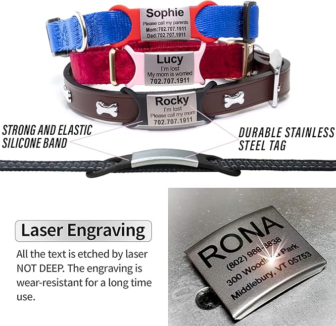 Personalized Dog & Cat ID Tags - Custom Engraved, Slide On, Silent, No Noise - Small, Medium, Large Sizes