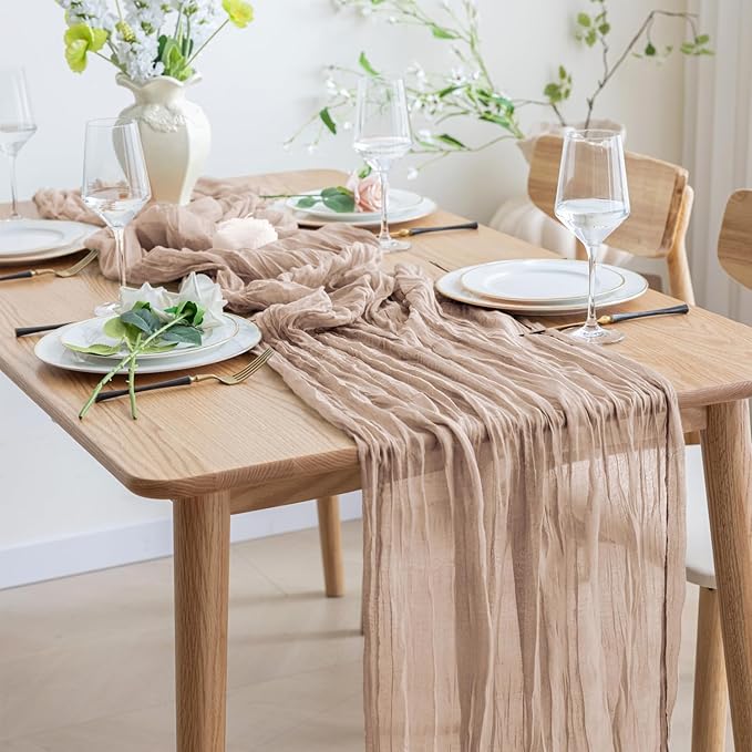 Asee'm Cheesecloth Table Runner 120 Inches Long Nude Pink Boho Gauze Cheese Cloth Runner 10FT Rustic Sheer Fall Table Runners for Thanksgiving Christmas Wedding Party Baby Shower Decoration