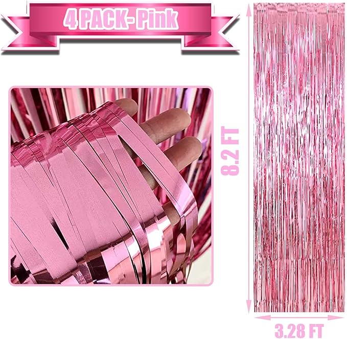 4 Pack Pink Foil Fringe Curtain Backdrop, 3.28Ft x 8.2Ft Metallic Tinsel Foil Fringe Streamer Curtains for Photo Booth Props, Birthday, Wedding, Valentine's Day Decoration Party Supplies New