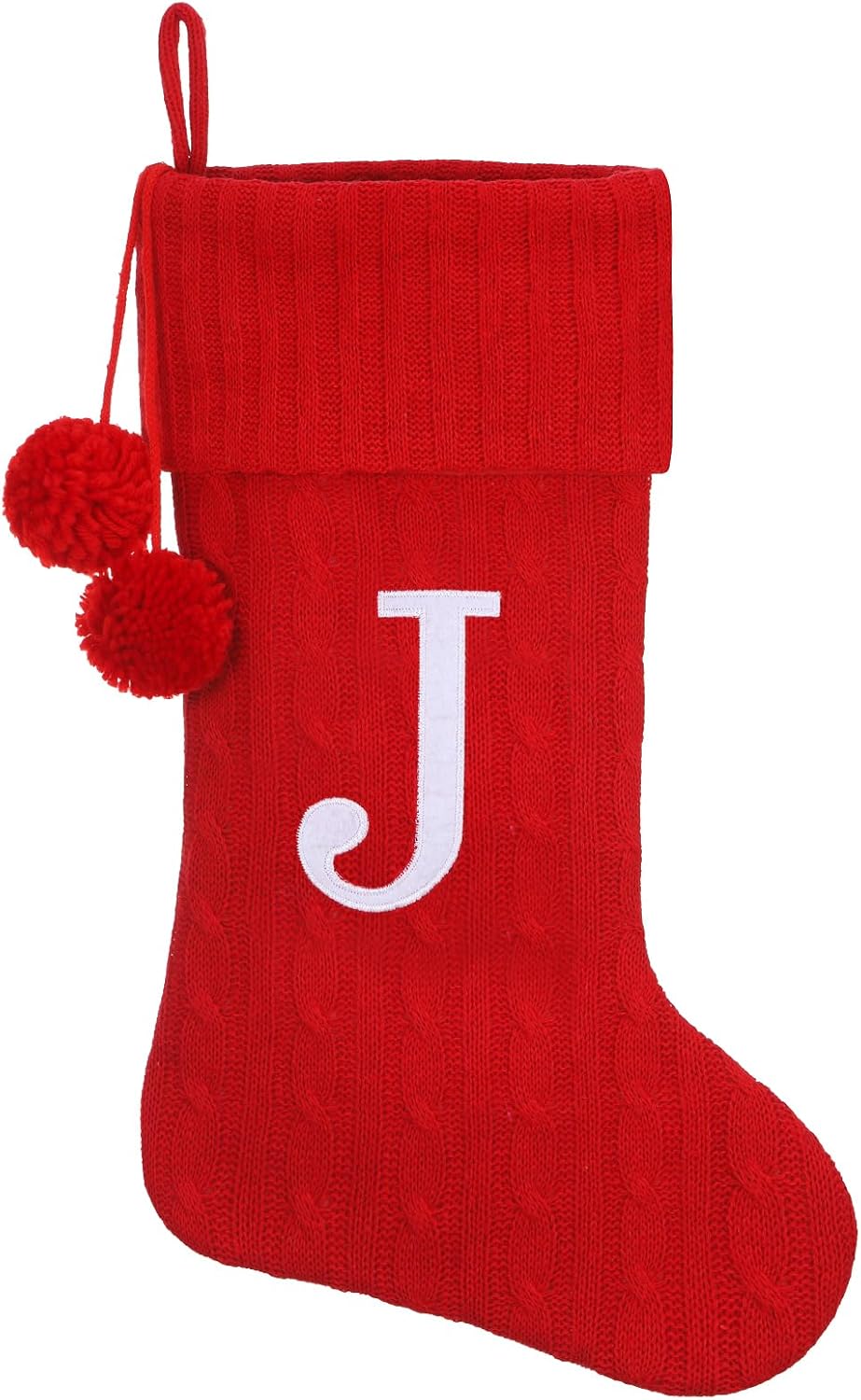 Personalized Christmas Stocking 19 Inch - Red Cable Knit with Monogram Embroidery & Pom Poms, Family Fireplace Hanger for Holiday Decor, Red Letter J