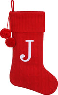 Personalized Christmas Stocking 19 Inch - Red Cable Knit with Monogram Embroidery & Pom Poms, Family Fireplace Hanger for Holiday Decor, Red Letter J