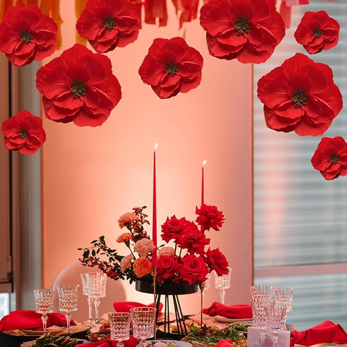 BRT Bearingshui Red Paper Flowers Decoration for Wall Total 9 Pcs, Artificial Flowers for Wedding Decor,Flower Backdrop Decor, Baby Bridal Shower Birthday Party, Red 3D Wall Flowers Decor