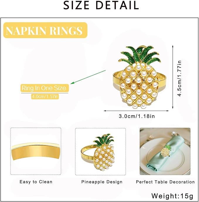 Napkin Rings Set of 8 Pearl Pineapple Napkin Rings for Napkins,Gold Napkin Holders for Cloth Napkins,Summer Napkin Ring for Farmhouse Dining Table Decor,Rustic Fruit Napkin Ring Holders